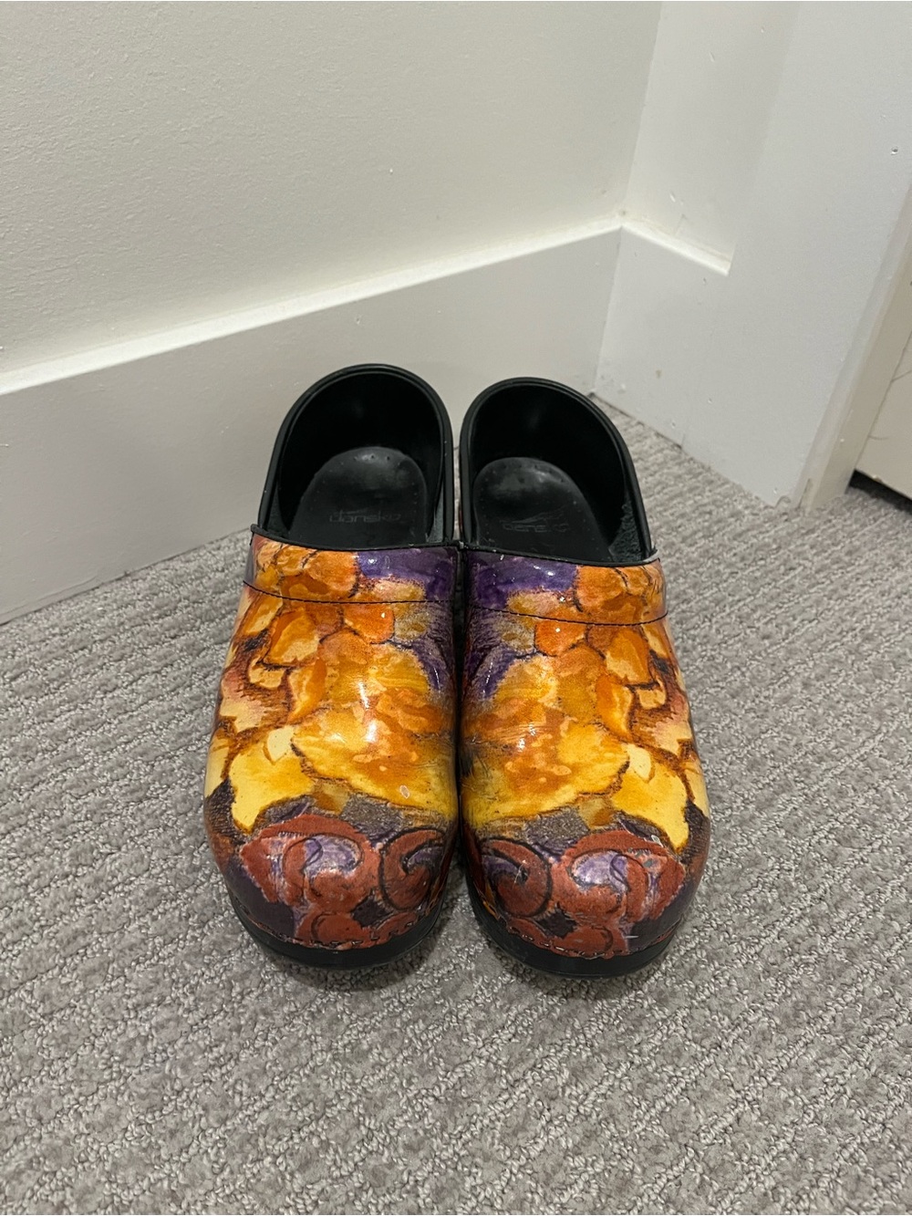 Dansko Hand-Painted Floral Yellow Orange Purple Clogs
